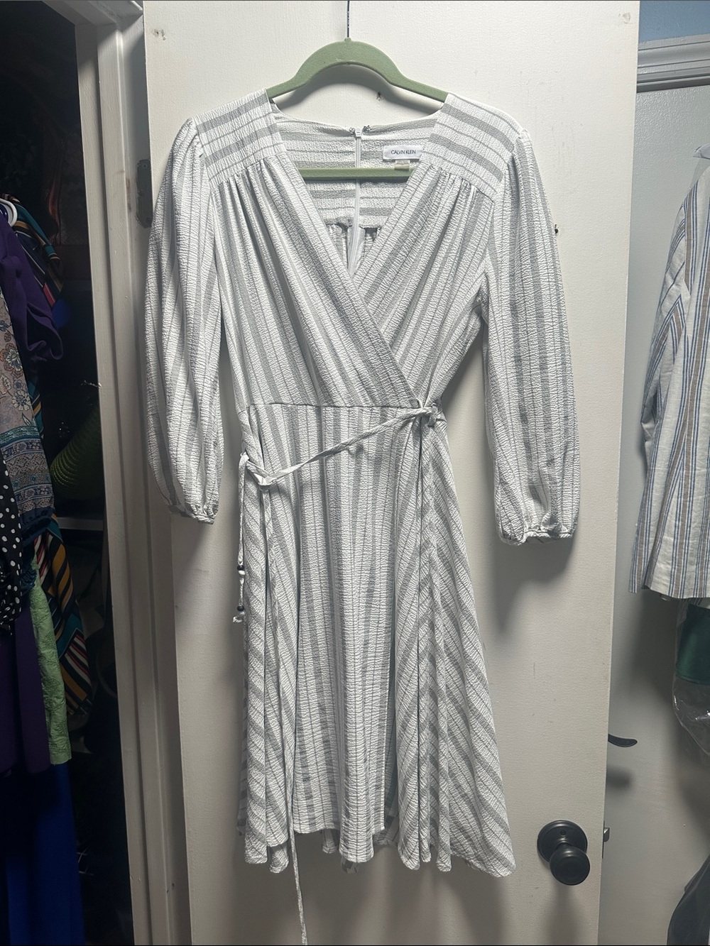 Club Monaco White and Light Gray Striped Wrap Midi Dress